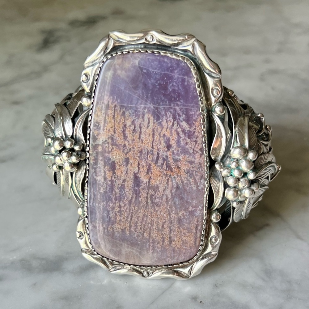 SALE! RARE Unique Estate Vintage Sterling Silver Cuff Bracelet Charoite Gemstone